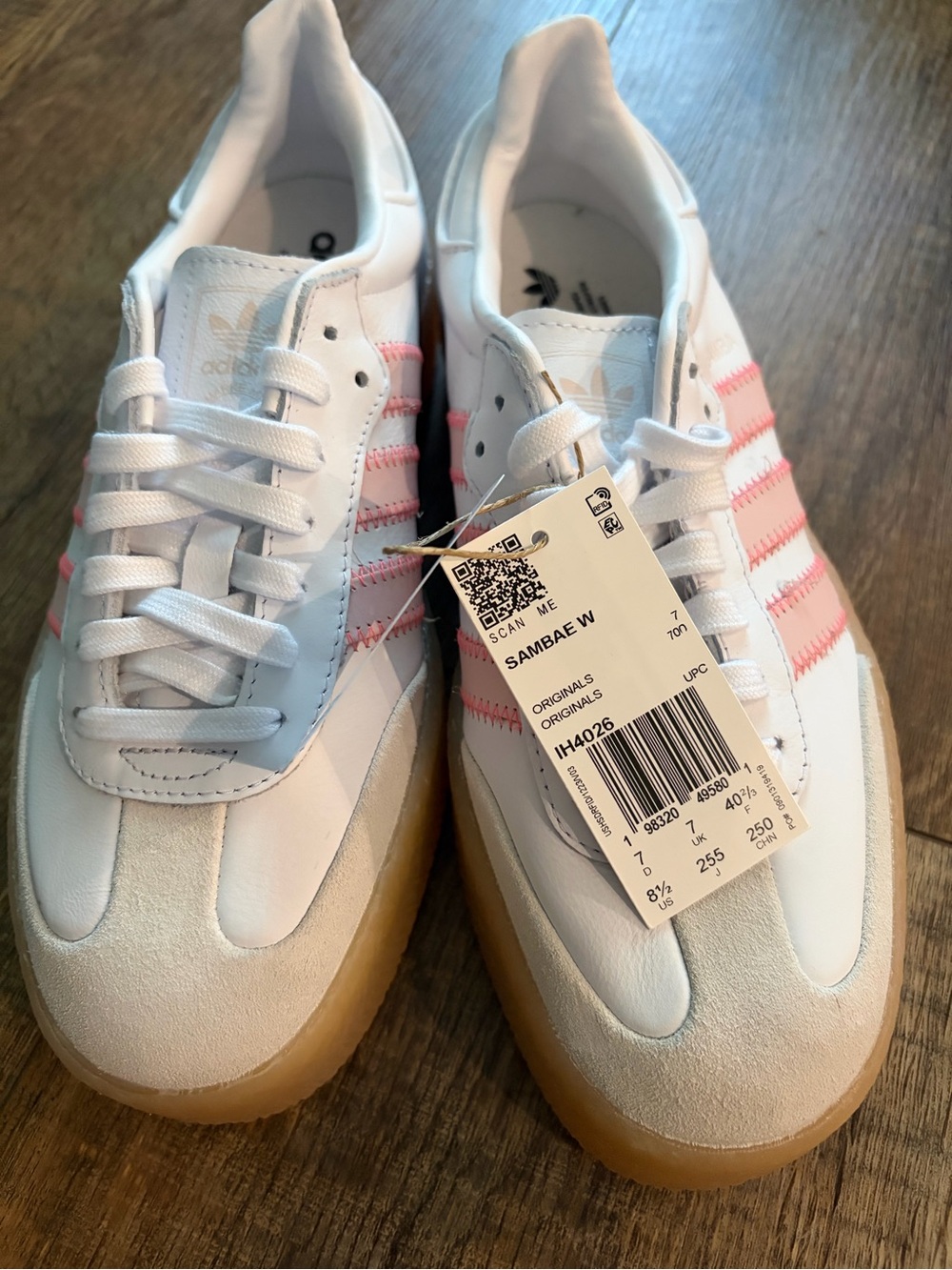 adidas White Sneakers with Pink Stripes and Gum Sole